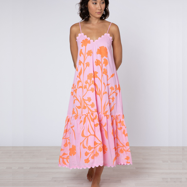 Majorelle Print V-Neck Midi Dress in Pink/Orange
