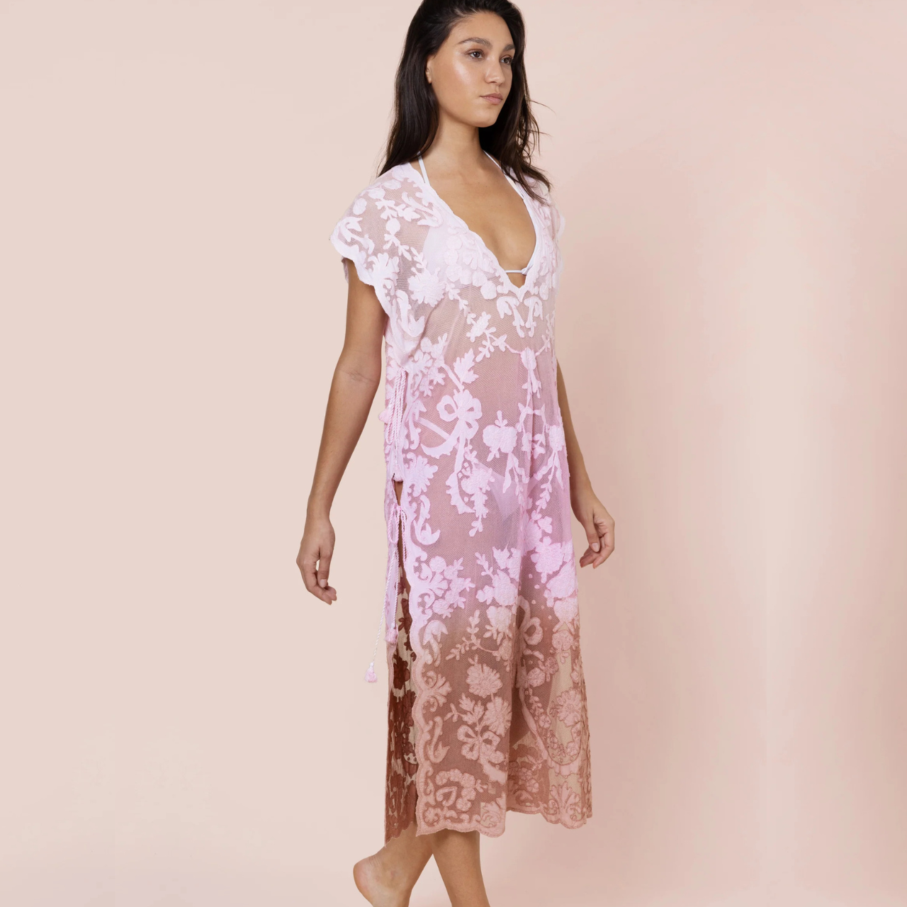Ombre Net Narrow Poncho With Bow Embroidery
