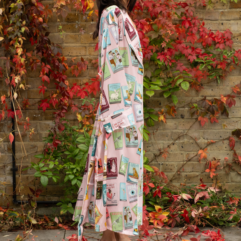 Book Covers Long Silk Robe in Pale Pink