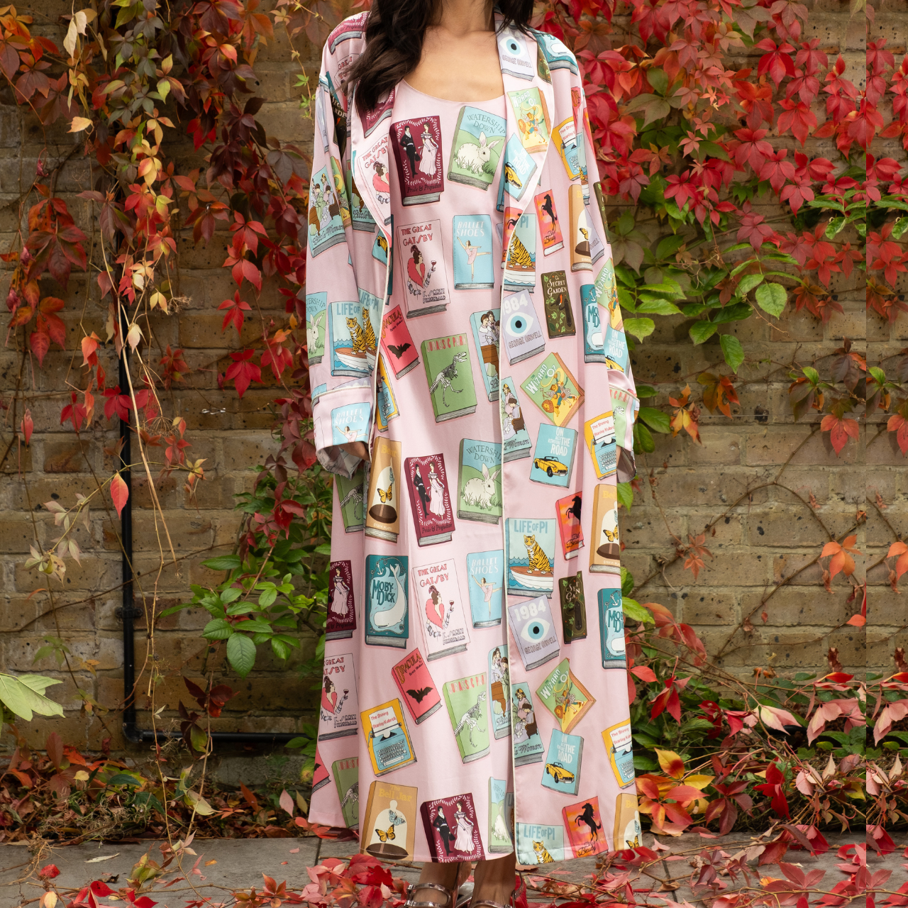 Book Covers Long Silk Robe in Pale Pink