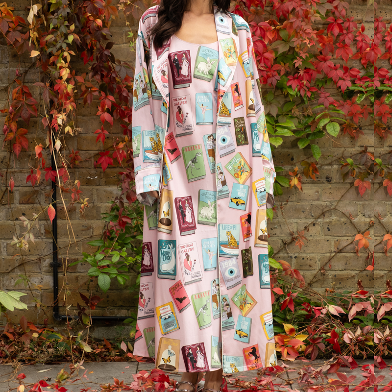Book Covers Long Silk Robe in Pale Pink
