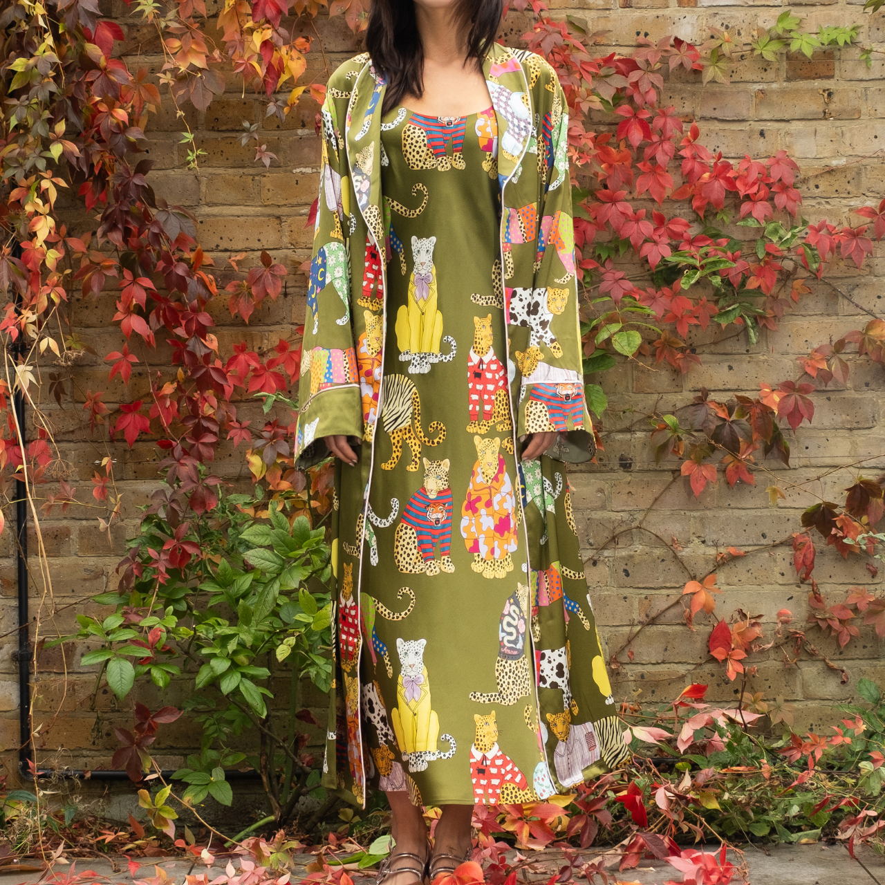 Leopards Can't Change Their Spots Long Silk Robe in Olive