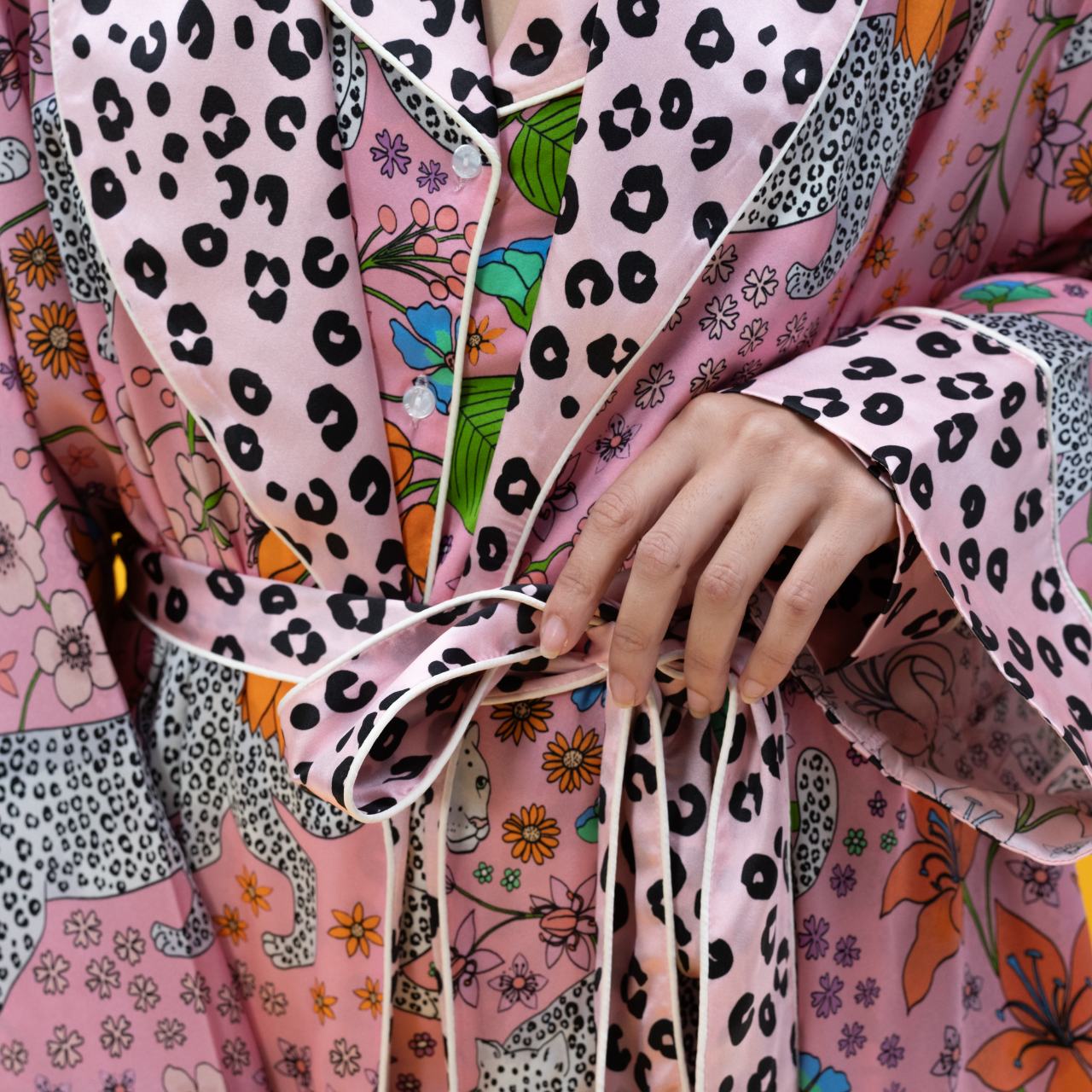 Snow Leopards Long Silk Robe in Pink