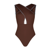 Coral Embroidered Swimsuit in Brown