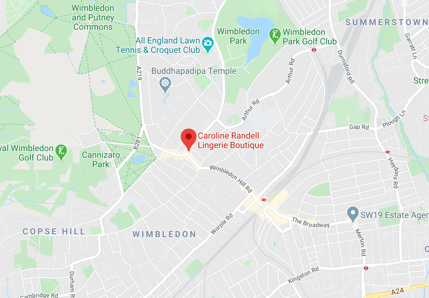 Map of Caroline Randell Lingerie, which is located in Wimbledon Village SW19, London. We are a short 10 minute walk from Wimbledon Train station.