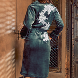 Sissy Fleece and Lace Robe in Ardoise and Natural