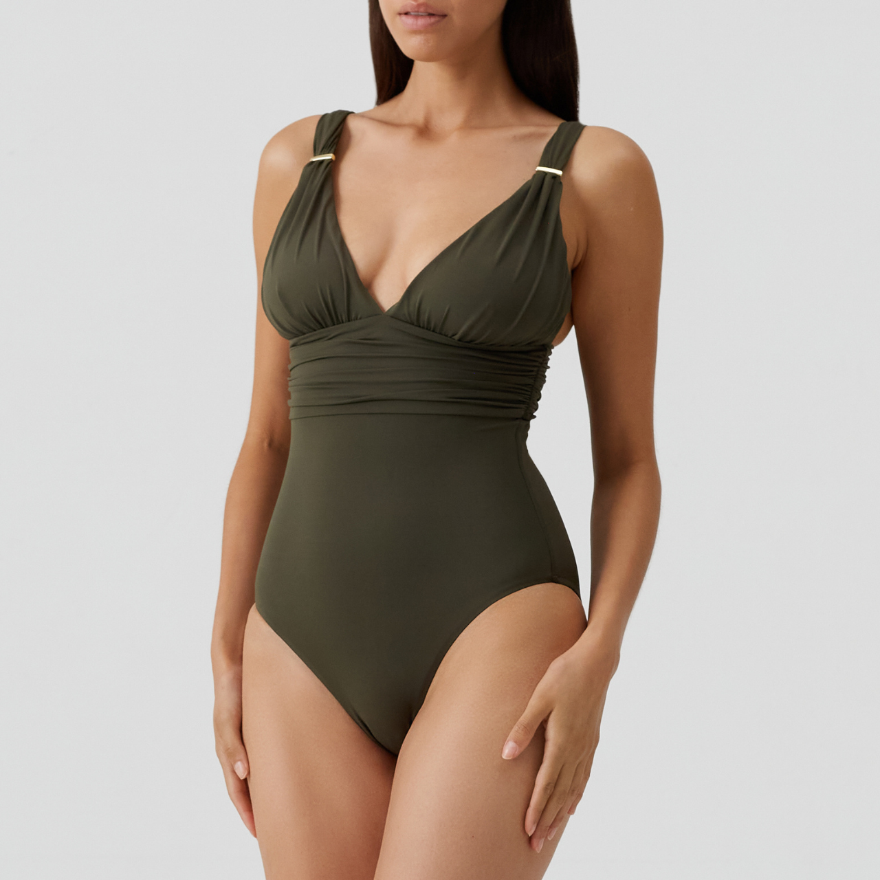 Panarea Olive Ruched V Neck Swimsuit