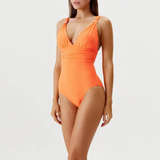Panarea Ruched V Neck Swimsuit in Orange