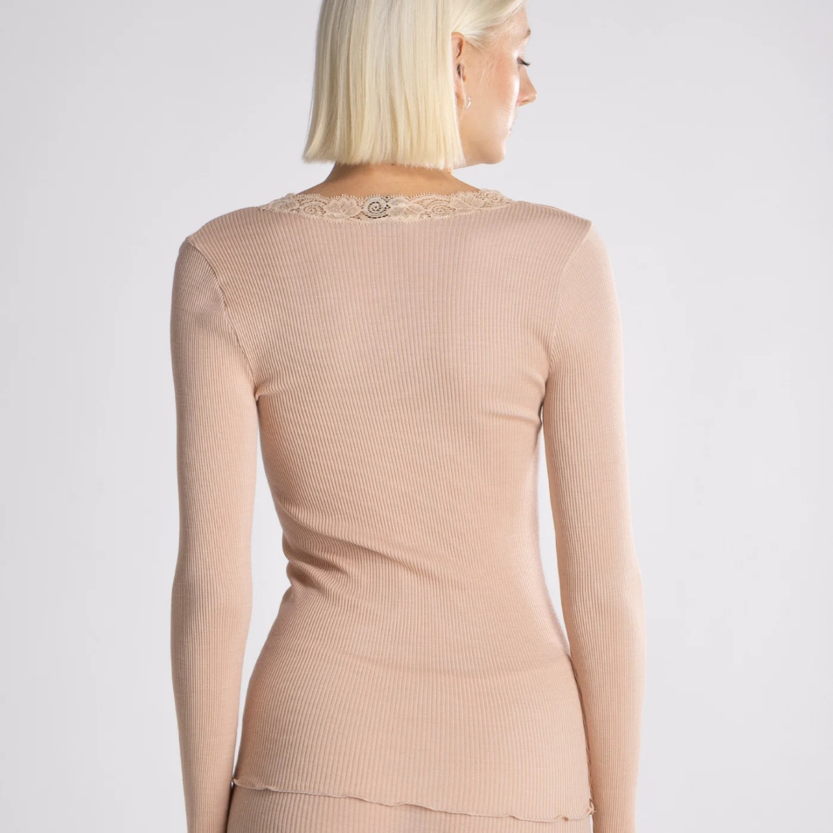 Beige Long-sleeved Top in Wool and Silk with Leavers Lace