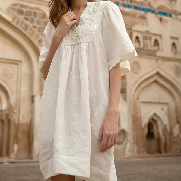 Dorra Embroidered Yoke Linen Dress