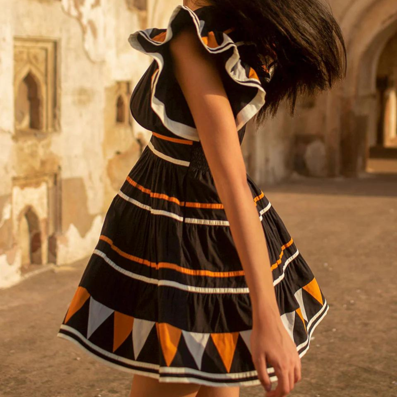 Tricolour Mini Poplin Short Dress