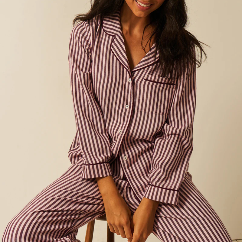 Soft Brushed Woven Long Pyjama Set in Black Cherry