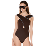 Coral Embroidered Swimsuit in Brown