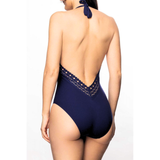 Ajourage Couture Plunging Back Halter Swimsuit in Marina