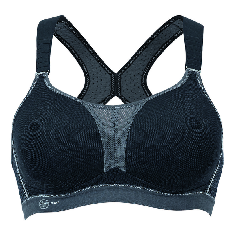 Anita Dynamix Sports bra Maximum support racer back, black and grey. Caroline Randell.