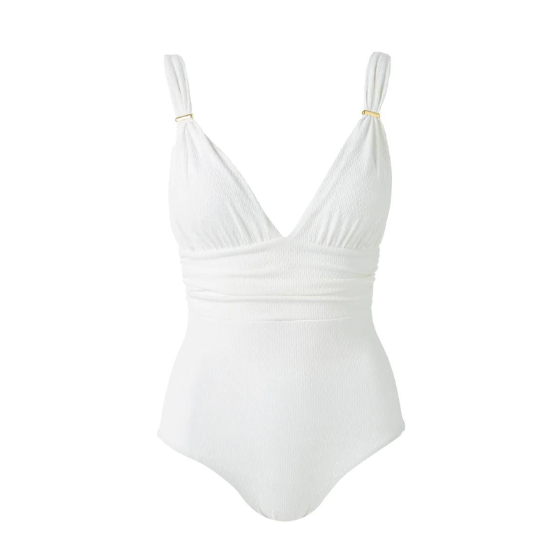 Panarea Ruched V Neck Swimsuit in White Chain