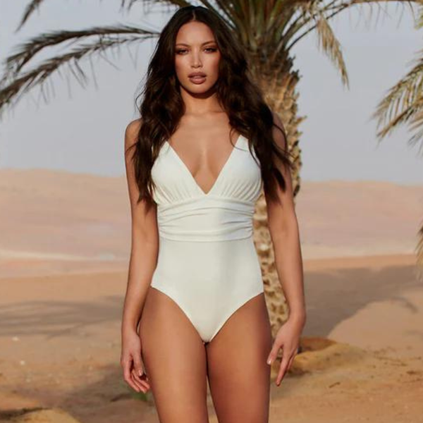 Panarea Ruched V Neck Swimsuit in White Chain