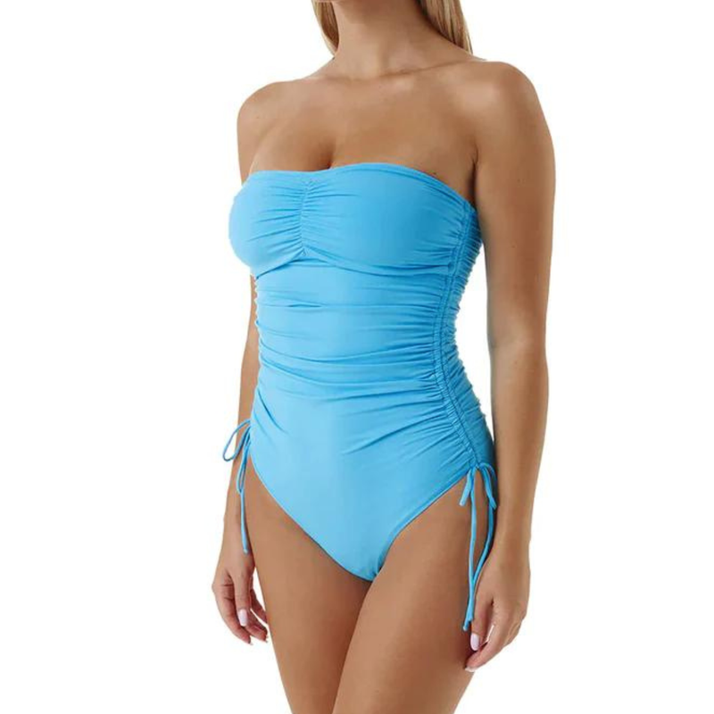 Sydney Adjustable Ruched Bandeau Swimsuit in Aqua
