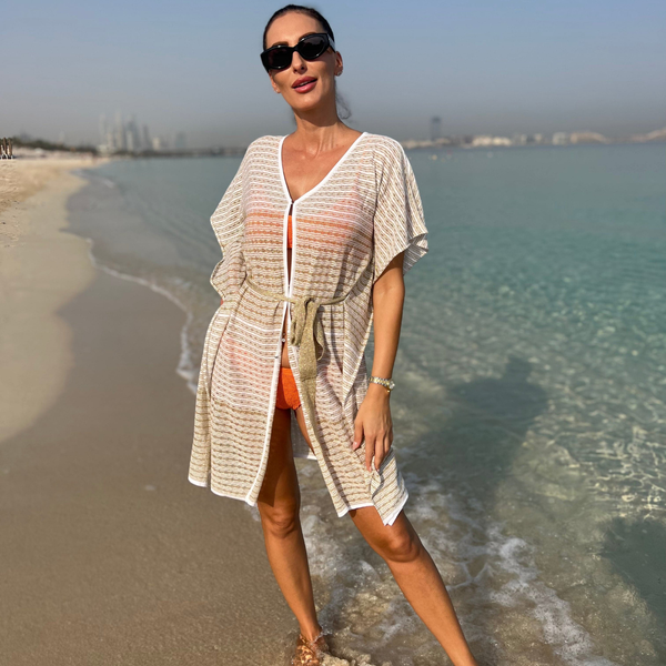 Two Toned Drop Stitch Knit Open Kaftan in White/Gold