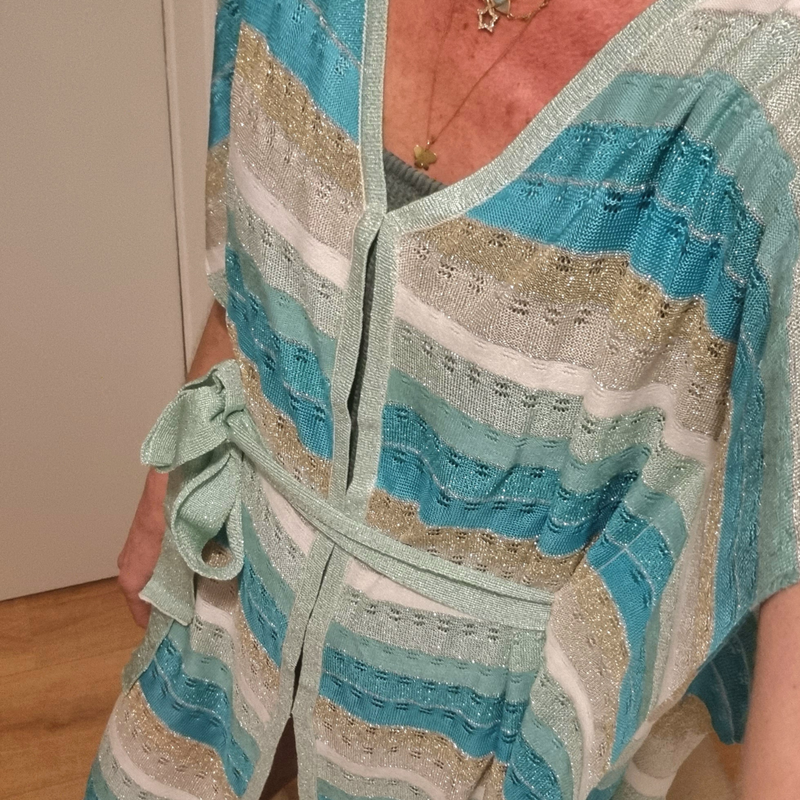 Striped Drop Stitch Knit Open Kaftan in White/Mint