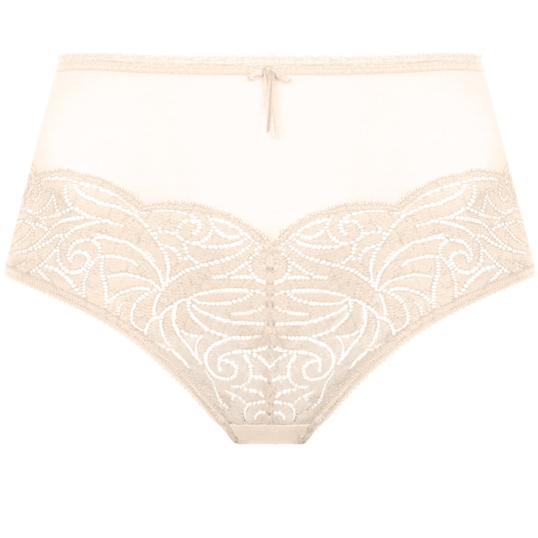 Empreinte, Verity, panty, deep brief, flat lace on the bottom at front, with sheer tulle at the top and back, blush, knicker, Caroline Randell 