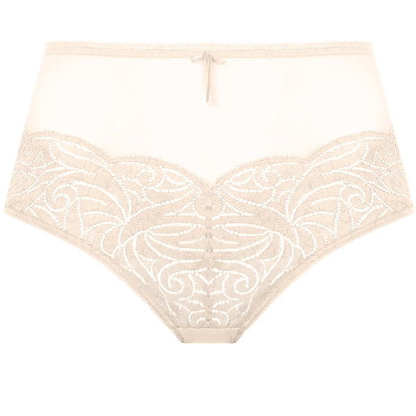 Empreinte, Verity, panty, deep brief, flat lace on the bottom at front, with sheer tulle at the top and back, blush, knicker, Caroline Randell 
