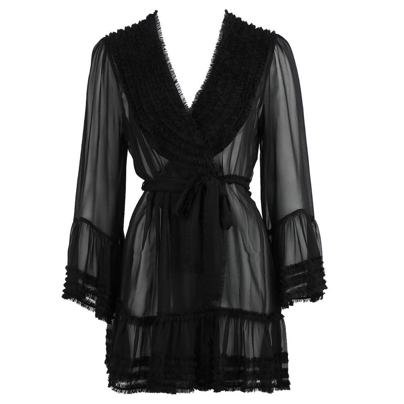 Fantaisie Short Silk Chiffon Robe in Black